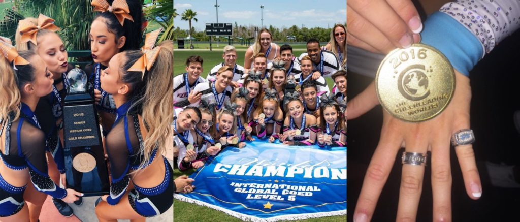 the cheerleading worlds past winners from the California Allstars black ops, flyers Allstars karma and cheer extreme SSX with their worlds rings and medals