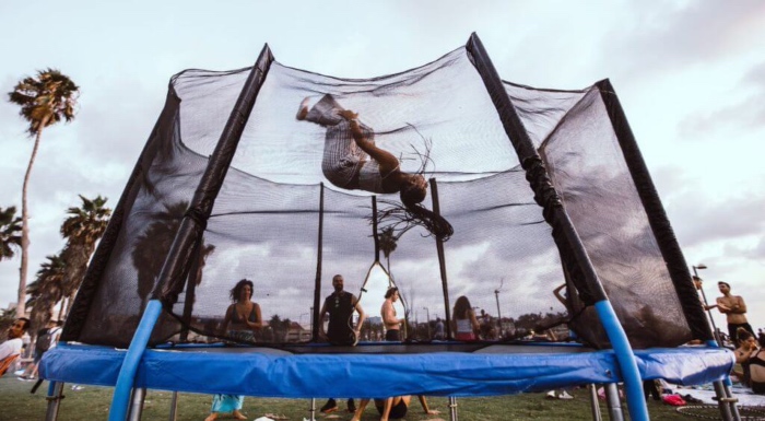 backyard trampoline flip cheerleaders
