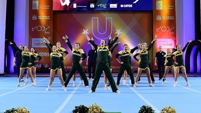 Monash University representing Team Australia at the FISU Cheerleading Championships in 2018