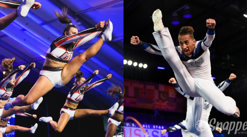 hurdler jump in cheerleading (left and right) performed by coventry dynamite and cheer athletics wildcats