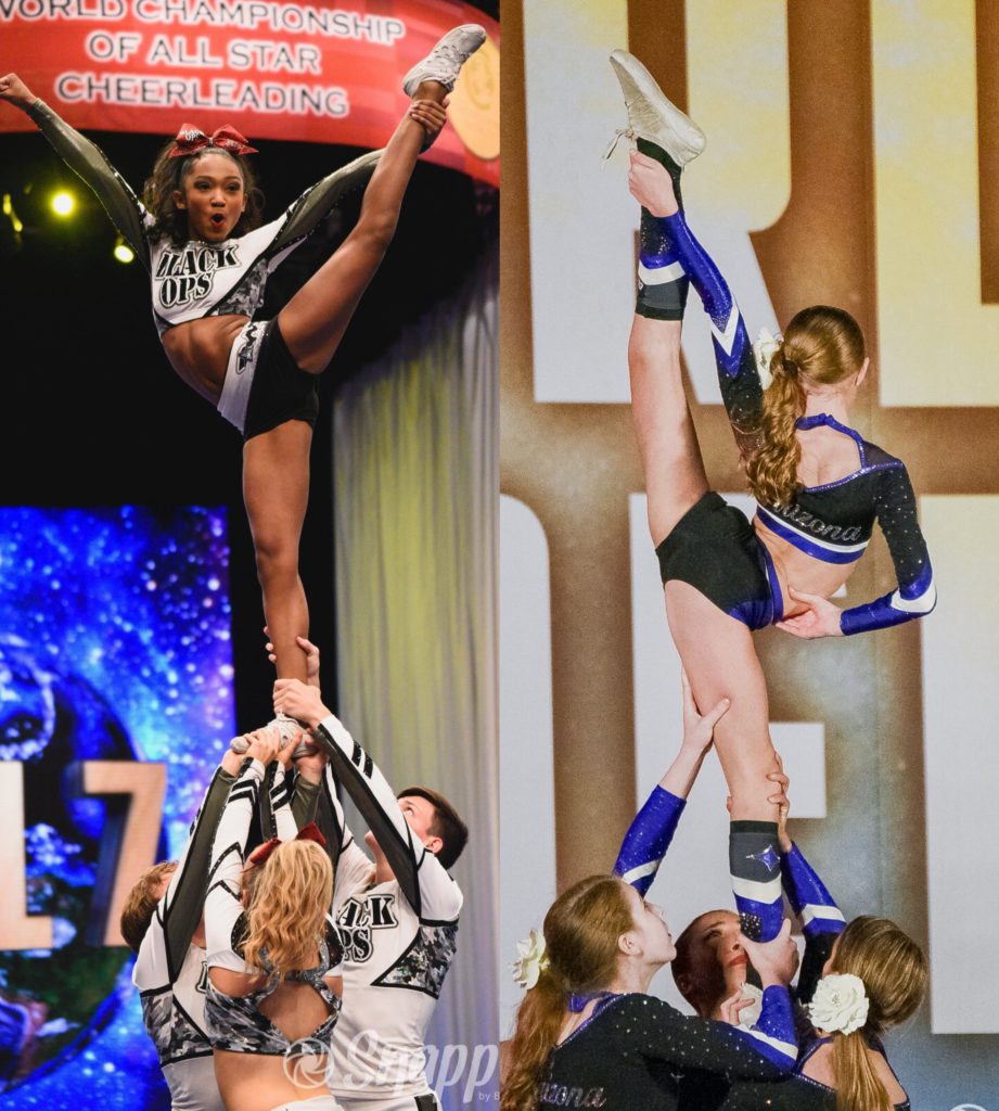 cheerleading flyers from woodlands elite black ops and the California allstars classics performing the scale body position